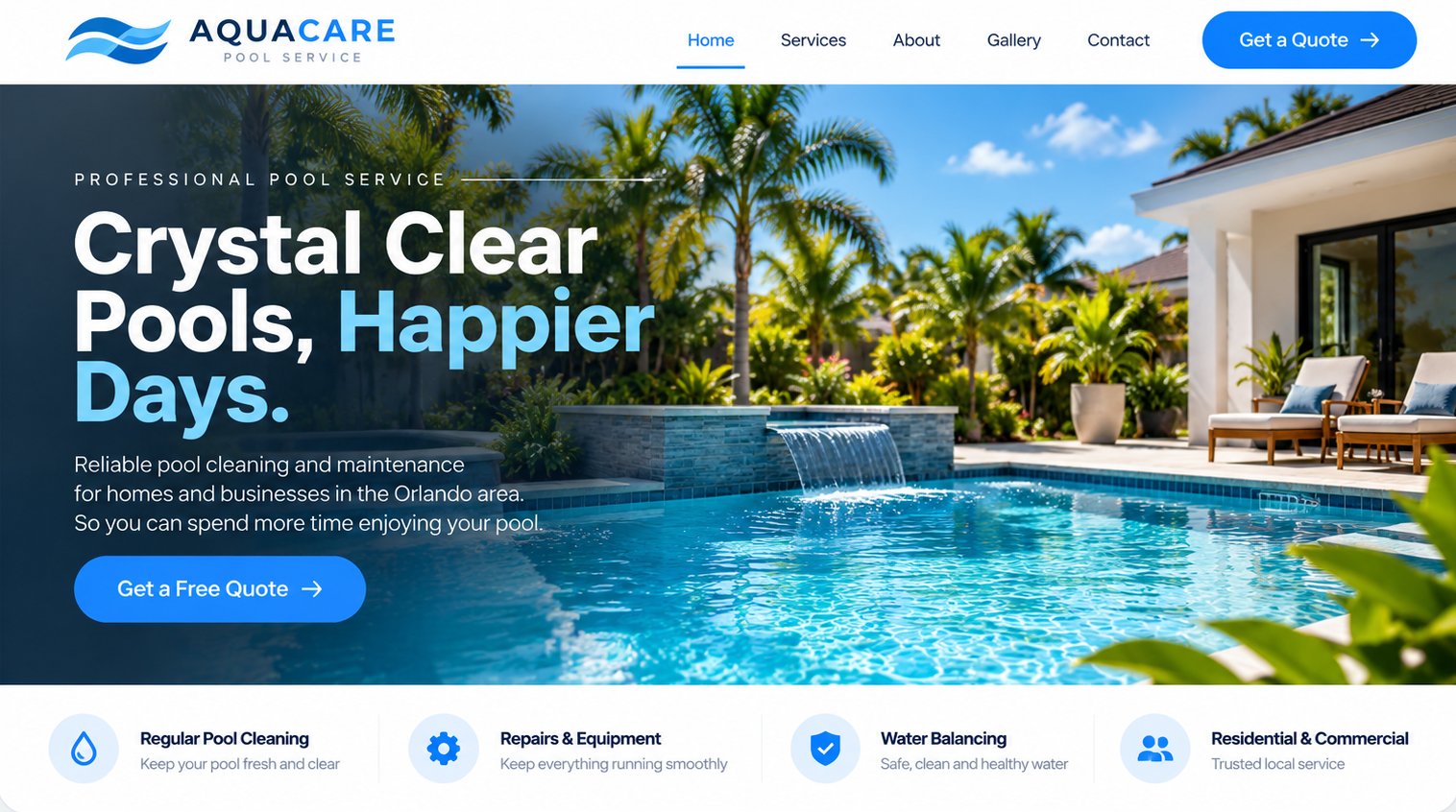 Preview of the AquaCare Pool Service website, built by Clarnex Web